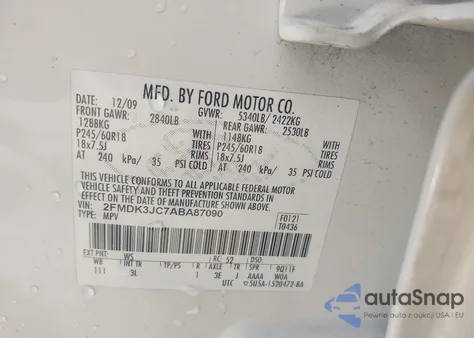 2010 Ford Edge Sel из США, поврежденный, VIN 2FMDK3JC7ABA87090